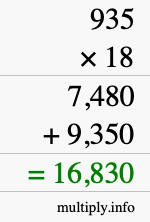 How to calculate 935 times 18 using long multiplication