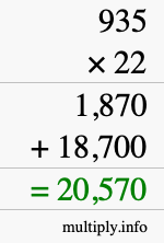 How to calculate 935 times 22 using long multiplication