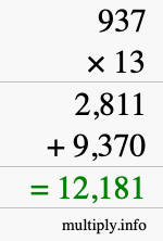 How to calculate 937 times 13 using long multiplication