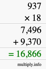How to calculate 937 times 18 using long multiplication