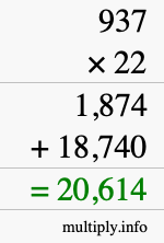 How to calculate 937 times 22 using long multiplication