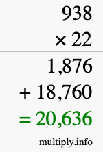How to calculate 938 times 22 using long multiplication
