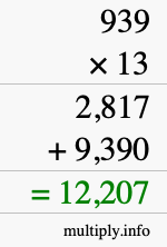 How to calculate 939 times 13 using long multiplication