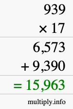 How to calculate 939 times 17 using long multiplication