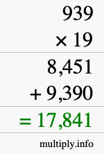 How to calculate 939 times 19 using long multiplication