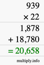 How to calculate 939 times 22 using long multiplication