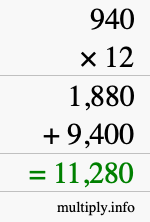 How to calculate 940 times 12 using long multiplication How to calculate 940 times 12 using long multiplication