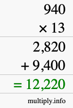 How to calculate 940 times 13 using long multiplication