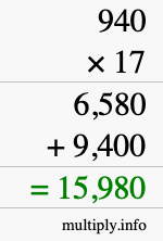 How to calculate 940 times 17 using long multiplication