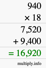 How to calculate 940 times 18 using long multiplication