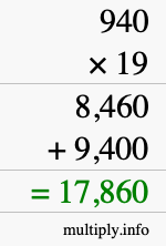 How to calculate 940 times 19 using long multiplication