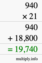 How to calculate 940 times 21 using long multiplication