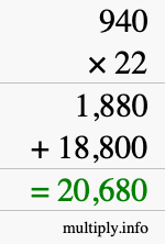 How to calculate 940 times 22 using long multiplication