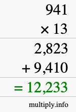 How to calculate 941 times 13 using long multiplication