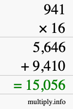 How to calculate 941 times 16 using long multiplication How to calculate 941 times 16 using long multiplication