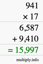 How to calculate 941 times 17 using long multiplication