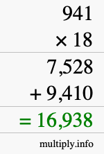 How to calculate 941 times 18 using long multiplication