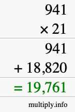 How to calculate 941 times 21 using long multiplication