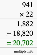 How to calculate 941 times 22 using long multiplication