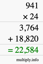 How to calculate 941 times 24 using long multiplication