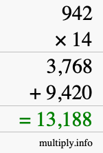 How to calculate 942 times 14 using long multiplication How to calculate 942 times 14 using long multiplication