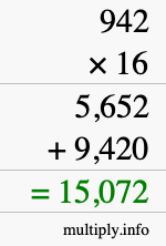 How to calculate 942 times 16 using long multiplication How to calculate 942 times 16 using long multiplication