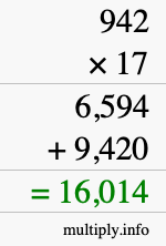 How to calculate 942 times 17 using long multiplication