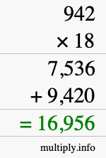 How to calculate 942 times 18 using long multiplication