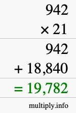 How to calculate 942 times 21 using long multiplication