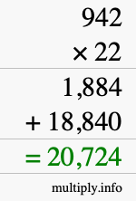 How to calculate 942 times 22 using long multiplication