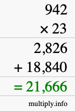 How to calculate 942 times 23 using long multiplication