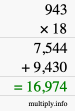 How to calculate 943 times 18 using long multiplication