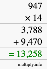 How to calculate 947 times 14 using long multiplication