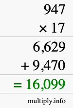 How to calculate 947 times 17 using long multiplication