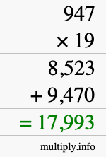 How to calculate 947 times 19 using long multiplication