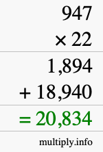 How to calculate 947 times 22 using long multiplication