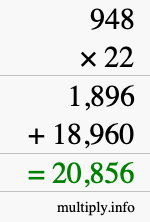 How to calculate 948 times 22 using long multiplication