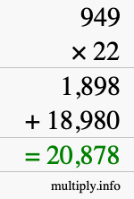 How to calculate 949 times 22 using long multiplication