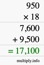 How to calculate 950 times 18 using long multiplication
