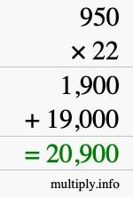 How to calculate 950 times 22 using long multiplication