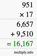 How to calculate 951 times 17 using long multiplication