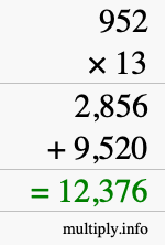 How to calculate 952 times 13 using long multiplication