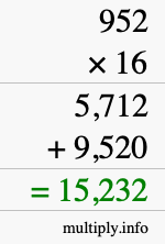 How to calculate 952 times 16 using long multiplication