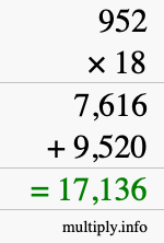 How to calculate 952 times 18 using long multiplication