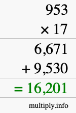 How to calculate 953 times 17 using long multiplication