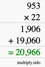 How to calculate 953 times 22 using long multiplication