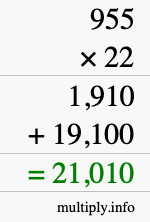 How to calculate 955 times 22 using long multiplication