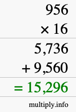 How to calculate 956 times 16 using long multiplication