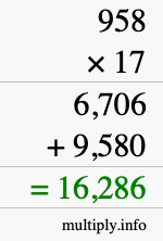 How to calculate 958 times 17 using long multiplication
