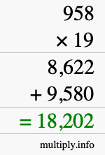 How to calculate 958 times 19 using long multiplication